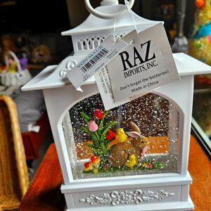 RAZ-White Lantern with Bunny and Flowers